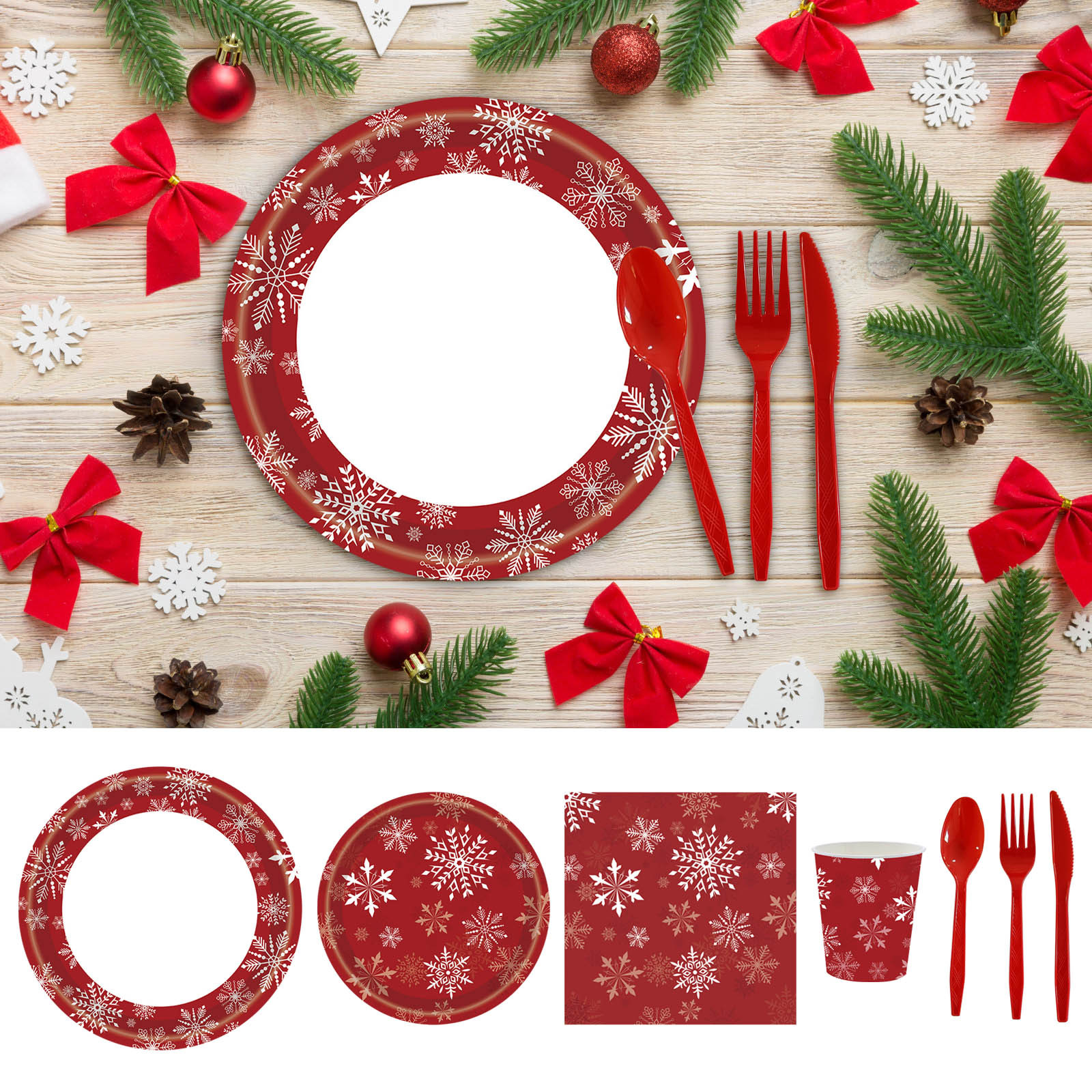Jacenvly Party Decorations 20Pcs Snowflakes Red Christmas New Year Theme Party Tableware Set Disposable Decorative Tableware Paper Set Bathroom Decor